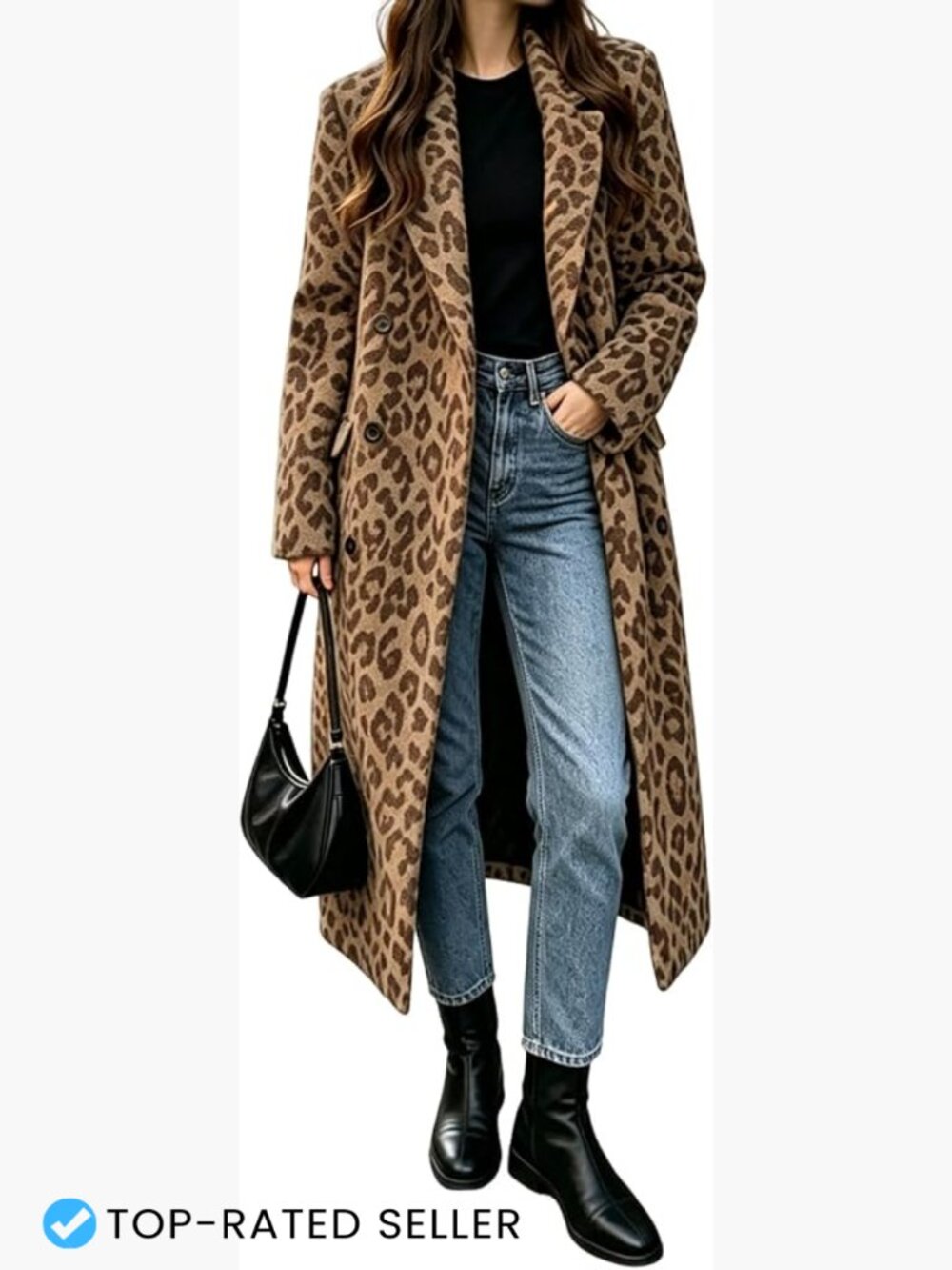 Leopard Print Long Wool Pea Coat Double Breasted Notch Lapel Winter Warm Elegant